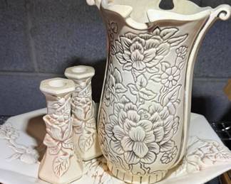 Red-Wing Pitcher, Candlesticks and Platter