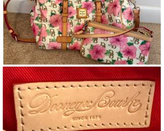Dooney & Bourke Bougainvillea floral coated canvas tote bag with leather trim and a matching accessory pouch