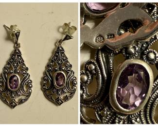 Art Nouveau Amethyst and Marcasite Sterling Silver Earrings