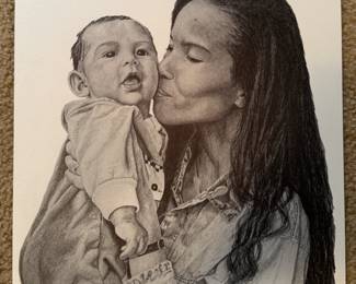 Unframed mother and baby print signed by M. Hodgkins (#111/200)