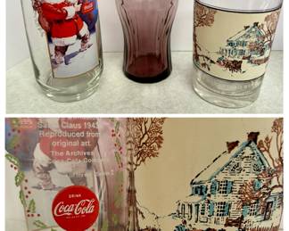 Vintage Coca-Cola Haddon Sundblom Santa Claus "Wherever I Go" glass, smoky purple logo glass and Arby's Currier & Ives "American Homestead Winter" glass