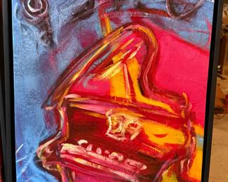 Framed abstract acrylic painting on canvas depicting a grand piano with musical notes, signed