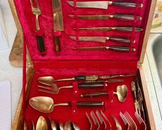 Vintage Siam/Thai brass and rosewood flatware set in a wooden case