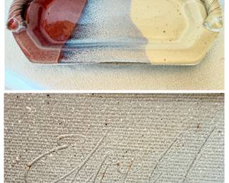 Signed Twisted Rope Handle Pottery Serving Tray