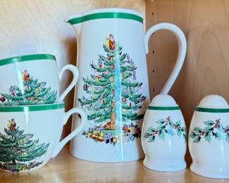 Spode Christmas Tree Pattern Pitcher, Cups and Salt/Pepper Shakers