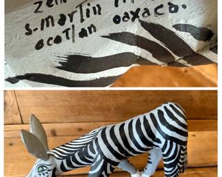 Hand-Carved Wooden Zebra Figurine Crafted by Zeni Fuentes in San Martin Tilcajete, Oaxaca, Mexico