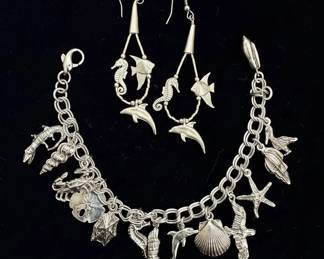 Sterling Silver Nautical Charm Bracelet and Dangling Earrings Set