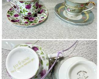 Two Sets of Decorative Teacups and Saucers