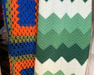 Vintage Handmade, Crocheted, Chevron and Granny Square Pattern, Afghan Blankets