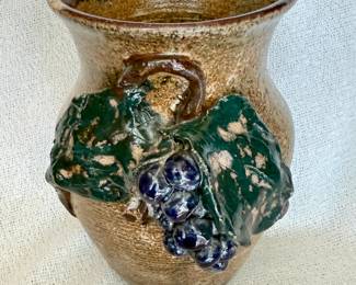 Signed Folk Art Pottery Vase with Applied Grape Motif