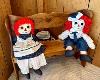 Raggedy Ann and Andy Dolls on Small Bench with Heart Motif