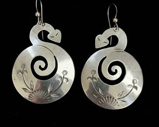 Pair of Sterling Silver Spiral Snake Dangle Earrings