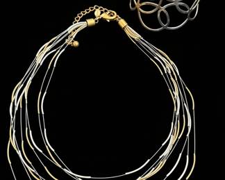Chico's Silver and Gold Tone Multi-Strand Necklace and Cuff Bracelet Set