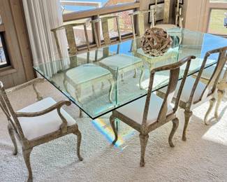 Glass Top Dining Table with Six Side Chairs and Two Captain's Chairs