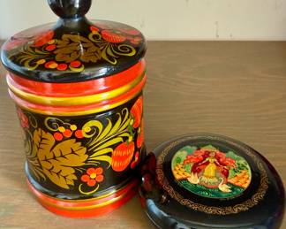 Traditional Russian Khokhloma Wooden Canister with Lid and Trinket Box