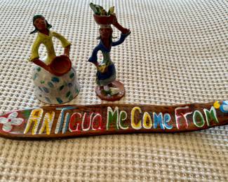 Hand-Painted Wooden Sign and Two Figurines from Antigua