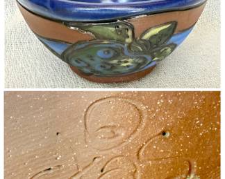 Signed Hand-Painted Pottery Bowl with Turtle Design
