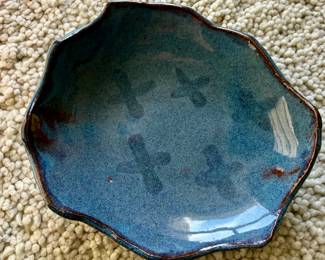 Signed Handmade Ceramic Bowl in a Blue Glaze