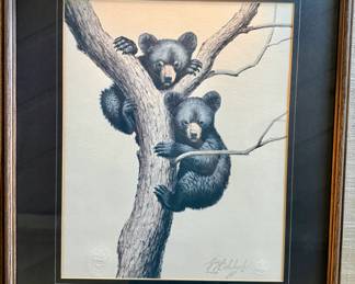 Framed/Matted Signed Print "Black Bear Cubs" by Guy Coheleach (#219/500)