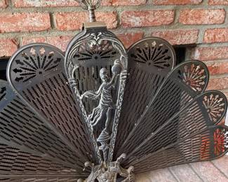 Large VTG Ornate Brass Peacock Fireplace Fan Folding Screen Lady 33”x11”x5”