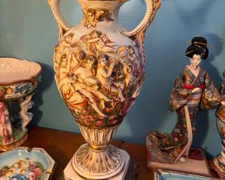 vintage Capodimonte-style porcelain table lamp with a Victorian-style fringed shade