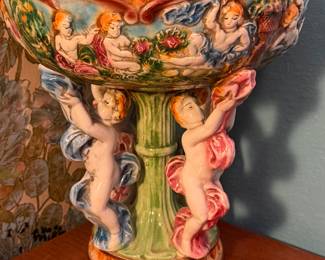vintage Capodimonte-style porcelain or ceramic pedestal centerpiece bowl