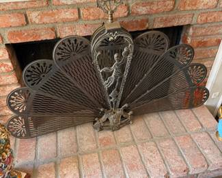 Large VTG Ornate Brass Peacock Fireplace Fan Folding Screen Lady 33”x11”x5”