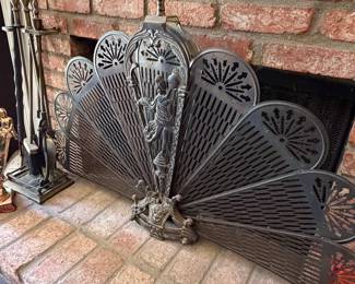 Large VTG Ornate Brass Peacock Fireplace Fan Folding Screen Lady 33”x11”x5”