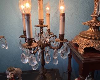 antique electrified brass candelabra-style table lamp with crystal prisms