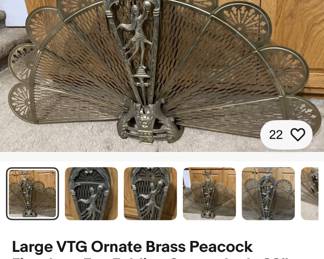 Large VTG Ornate Brass Peacock Fireplace Fan Folding Screen Lady 33”x11”x5”