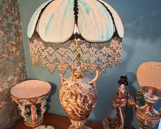 vintage Capodimonte-style porcelain table lamp with a Victorian-style fringed shade