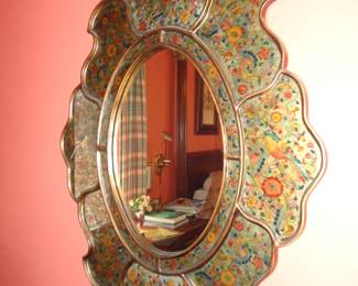 Spanish Colonial Bird & Floral Gilt Scalloped ere Eglomise Mirror