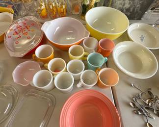 Vintage Pyrex Primaries, Wheat, Pink Moderntone, Pink Crinoline, Hazel Atlas and Fire King Mugs