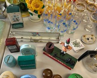 Piggy Banks, Mid Century Drink Ware, Cast Iron Door Stop