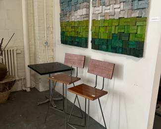 bar height stools, square top cafe table (several available), original art