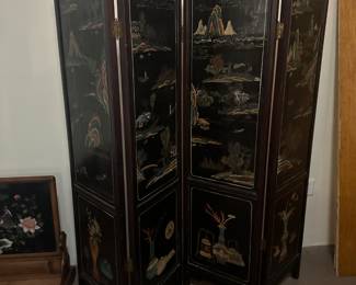 Antique 19th century Qing Dynasty Chinese 4 panel screen (two sided, one engraved and one raised)