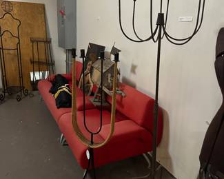 bras candelabra, MCM candelabra, red sofa (2 pcs)