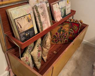 Vintage lane cedar chest filled
With new old stock vintage linens and needlepoint pillows
