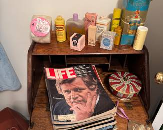 Life magazines and vintage tins and toiletries
