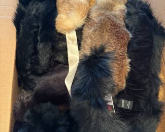 Lots of fur wraps, collars, scarves and more
One box of faux fur and one box of fox furs and other fur 