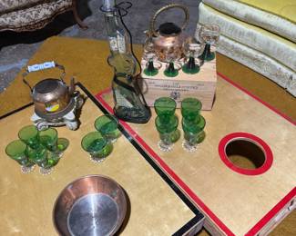 coper tea pots and MCM green glasses