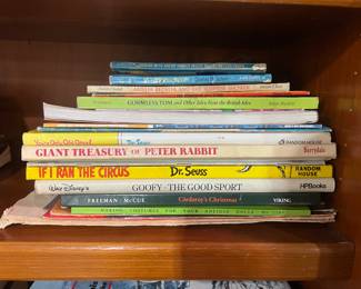 Jughead with Archie comics digest magazine 128 pages, We love you Snoopy by Charles M. Schulz, Amelia Bedelia and the surprise shower by Harper & Row, Gormless Tom and other tales from the British Isles by Silver Burdett, Giant treasury of Peter Rabbit by Derrydale, If I ran the circus Dt Seuss, Walt Disney's Goofy The good sportHPBooks, You're only Old once Dr. Seuss 