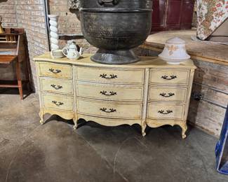 vintage French provincial dresser and Asian antique Bronze 36" vessel