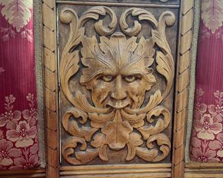 Antique Eastlake Victorian settee with carved wood frame