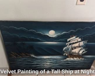 Velvet Painting of a Tall Ship at Night