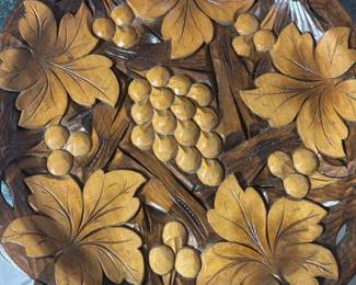 Vintage Carved Wooden Fruit Bowl with Grape and Leaf Motif