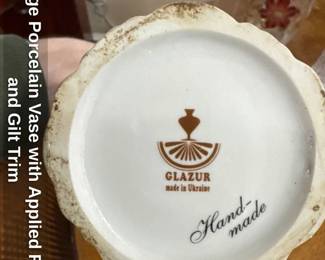 Vintage Porcelain Vase with Applied Roses and Gilt Trim