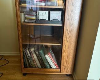 Vintage Oak Stereo Media Cabinet with Sliding Glass Doors