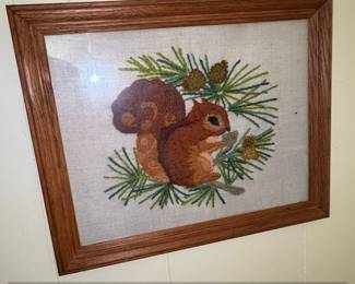 Framed Crewel Embroidery of Squirrel and Pine Cones