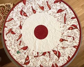 Quilted Tree Skirt with Cardinal and Berry Pattern